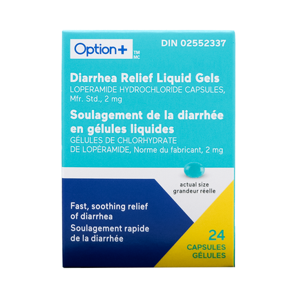 Option+ Soulagement de la diarrhée Gélules liquides | 24 gélules