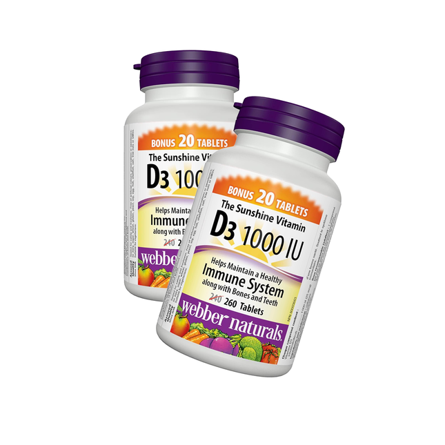 2 PACK Webber Naturals - Vitamin D3 - 1000 IU | BONUS 240+20 Tablets