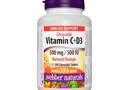Webber Naturals Vitamine C + D3 à croquer - 500 mg / 500 UI - Orange naturelle | 200 comprimés 