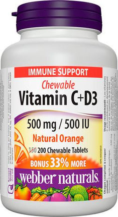 Webber Naturals Vitamine C + D3 à croquer - 500 mg / 500 UI - Orange naturelle | 200 comprimés 