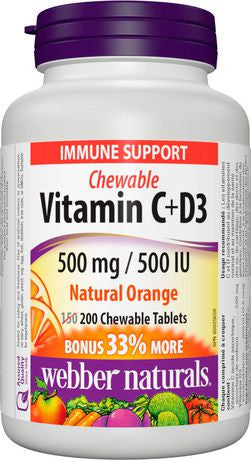 Webber Naturals Chewable Vitamin C + D3 - 500 mg / 500 UI - Natural Orange | 200 Tablets