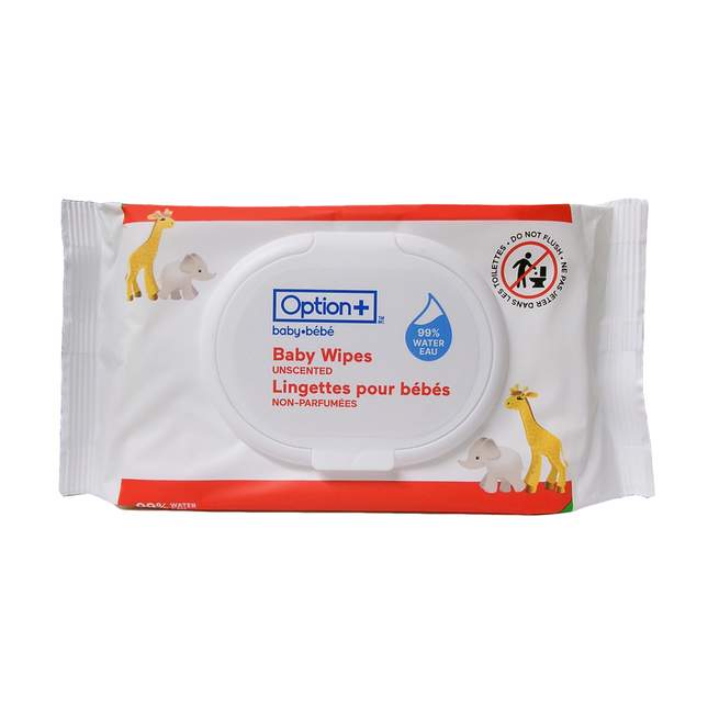 Lingettes pour bébé Option+ à 99 % d'eau, sans parfum | 56 lingettes