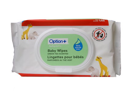 Lingettes pour bébé Option+ à 99 % d'eau, parfum thé vert | 56 lingettes