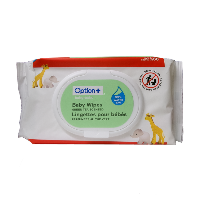 Lingettes pour bébé Option+ à 99 % d'eau, parfum thé vert | 56 lingettes