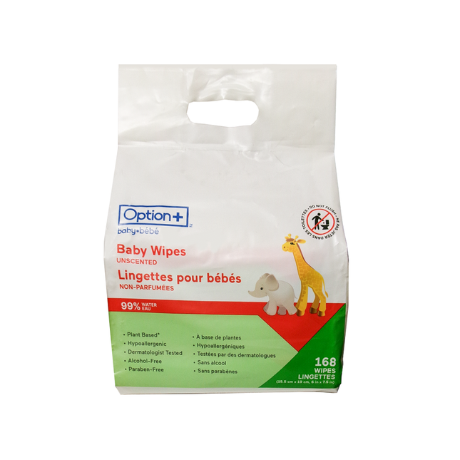 Lingettes pour bébé Option+ à 99 % d'eau, sans parfum | 168 lingettes