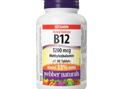 Webber Naturals - Vitamine B12 Méthylcobalamine à Libération Prolongée 1200 mcg | 80 Comprimés