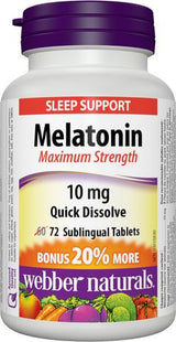 Webber Naturals - Melatonin - Maximum Strength 10 mg - Quick Dissolve | BONUS 60+12 Sublingual Tablets