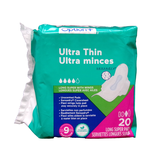 Option+ Serviettes hygiéniques ultra-minces et extra-longues avec ailettes | 20 serviettes