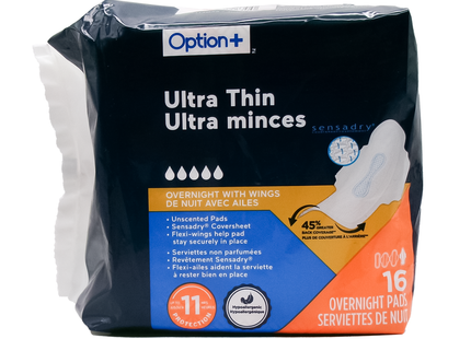 Option+ Ultra Thin Overnight Pads with Wings | 16 Pads