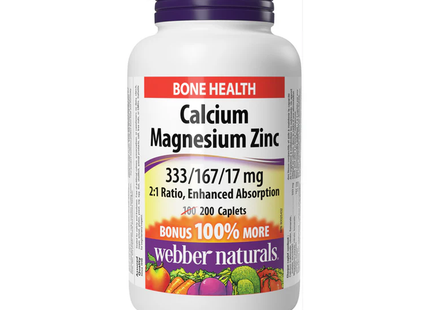 Webber Naturals - Calcium Magnesium Zinc 333/167/17 mg Enhanced Absorption | BONUS 100+100 Caplets