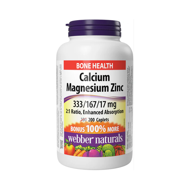 Webber Naturals Calcium Magnésium Zinc 333/167/17 mg Absorption améliorée | BONUS 100+100 Caplets
