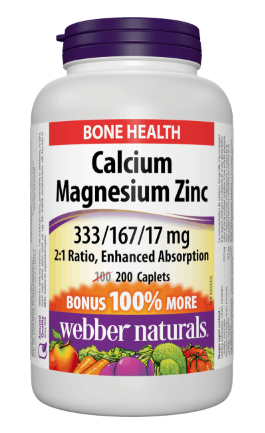 Webber Naturals Calcium Magnésium Zinc 333/167/17 mg Absorption améliorée | BONUS 100+100 Caplets