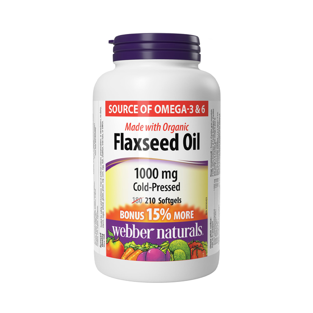 Webber Naturals - Cold Pressed Flaxseed Oil 1000 mg | BONUS 180+30 Softgels