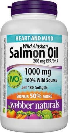 Huile de saumon sauvage d'Alaska Webber Naturals 200 mg EPA/DHA - 1000 mg | 120+60 gélules