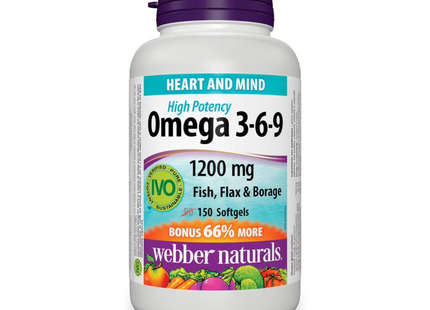 Webber Naturals - Omega 3-6-9 High Potency Fish, Flax & Borage - 1200 mg | BONUS 90+60 Softgels