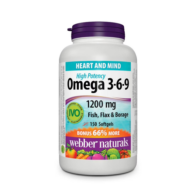 Webber Naturals® Omega 3-6-9 Poisson, lin et bourrache haute puissance - 1200 mg | BONUS 90+60 Gélules