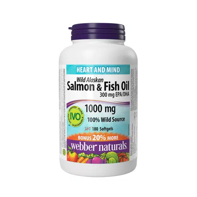 Webber Naturals - Huile de saumon et de poisson sauvage d'Alaska 1000 mg | BONUS 150 + 30 gélules