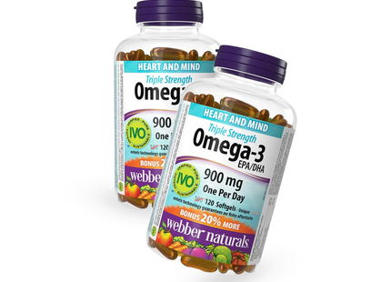 2 PACK Webber Naturals - Triple Strength Omega-3 900 mg EPA/DHA | BONUS 100+20 Softgels