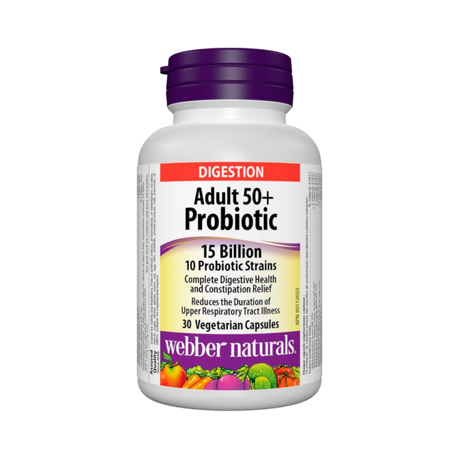 Webber Naturals - Adult 50 + Probiotic - 15 Billion - Complete Digestive Heath & Constipation Relief | 30 Vegetarian Capsules