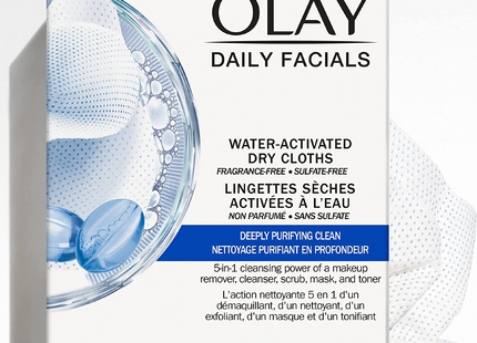 Olay - Daily Facials - Water Activated Dry Cloths - 5 in 1 Deeply Purifying Clean - Fragrance Free | 33 Dry Cloths