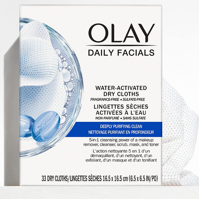 Olay - Soins du visage quotidiens - Lingettes sèches activées par l'eau - Nettoyage purifiant en profondeur 5 en 1 - Sans parfum | 33 chiffons secs