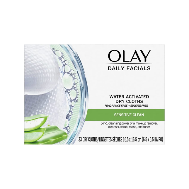 Olay - Soins du visage quotidiens activés par l'eau - Sensitive Clean | 33 chiffons secs