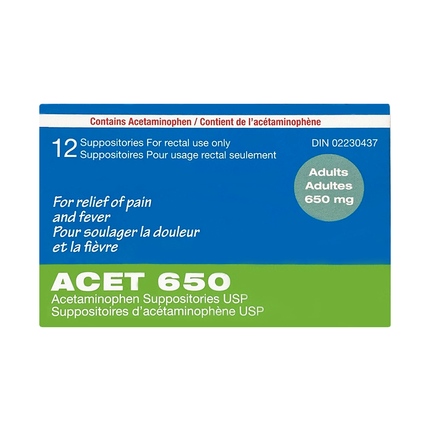 ACET 650 - Suppositoires d'acétaminophène 650 mg | 12 suppositoires