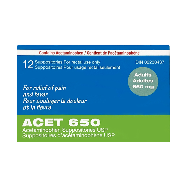 ACET 650 - Acetaminophen Suppositories 650 mg | 12 Suppositories