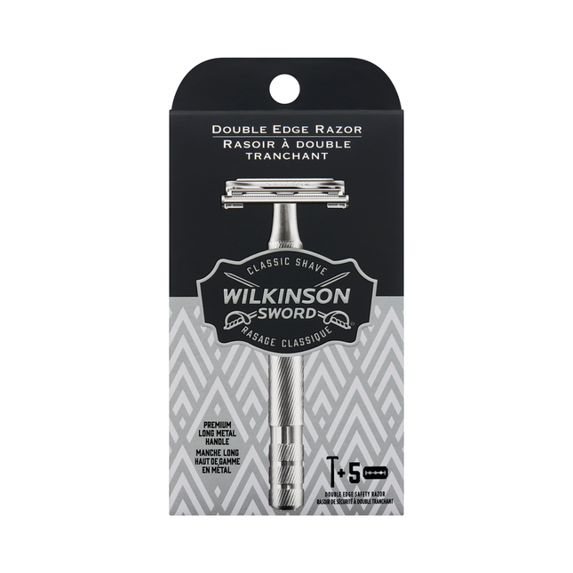 Wilkinson Sword - Rasoir de Sûreté Premium à Long Manche Métallique avec 5 Lames Double Tranchant