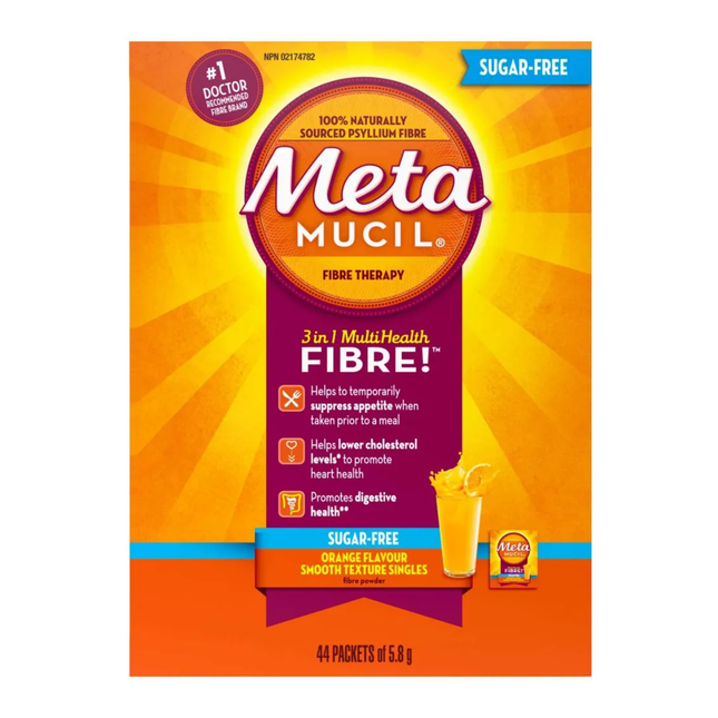 Meta Mucil - 3 In 1 Multi Health Fibre - Sugar-Free - Orange Flavour | 44 Packets of 5.8g