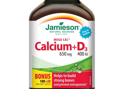 Jamieson - Mega Cal Calcium + D3 650mg & 400 IU | 100 + 20 Mini-Tab Caplets