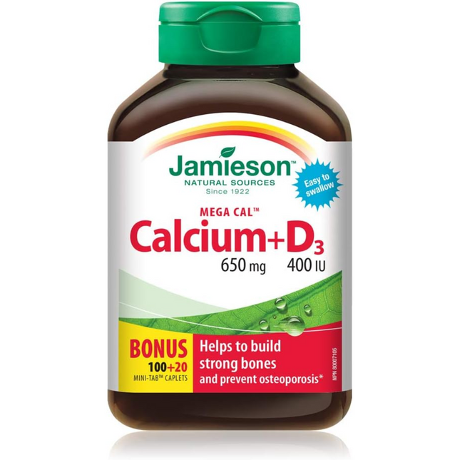 Jamieson - Mega Cal Calcium + D3 650mg & 400 IU | 100 + 20 Mini-Tab Caplets