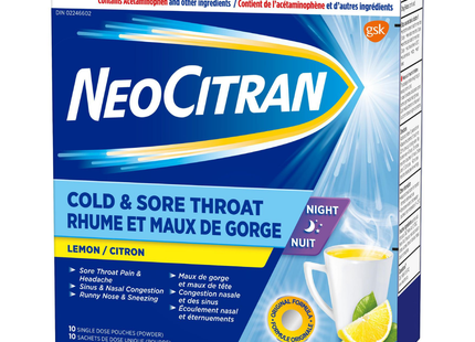 NeoCitran - Nuit du rhume et des maux de gorge - Citron | 10 pochettes