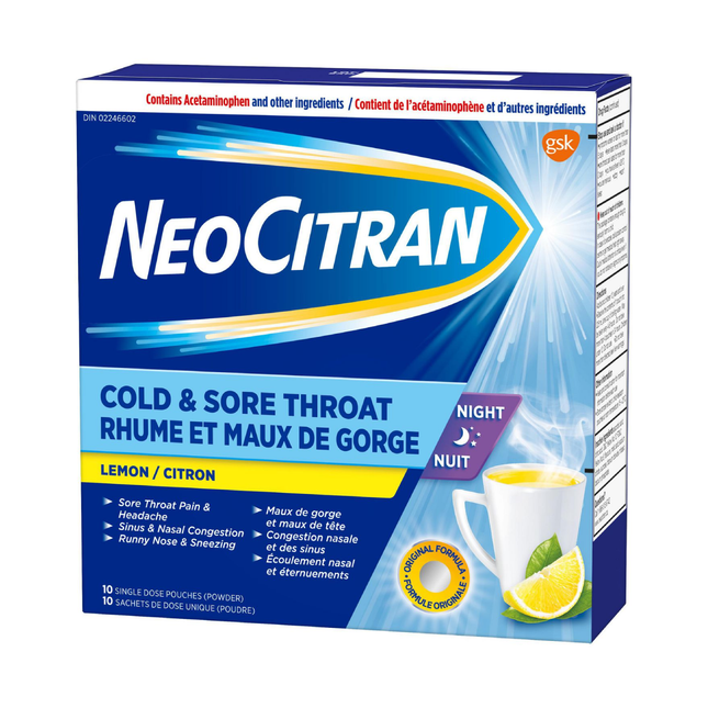 NeoCitran - Cold & Sore Throat Night - Lemon | 10 pouches