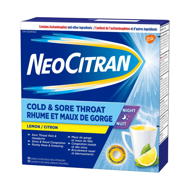 NeoCitran - Nuit du rhume et des maux de gorge - Citron | 10 pochettes