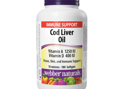 Webber Naturals - Huile de foie de morue 1250 UI/100 UI Vitamine A et D | 180 gélules