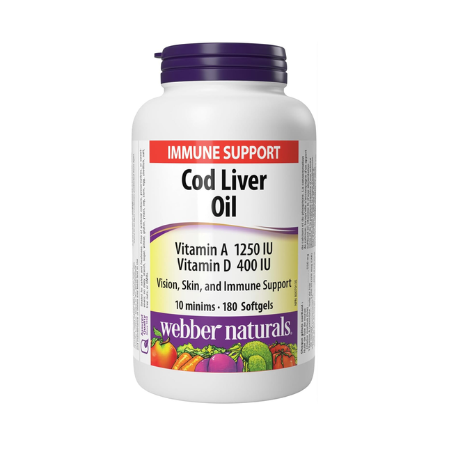 Webber Naturals - Huile de foie de morue 1250 UI/100 UI Vitamine A et D | 180 gélules