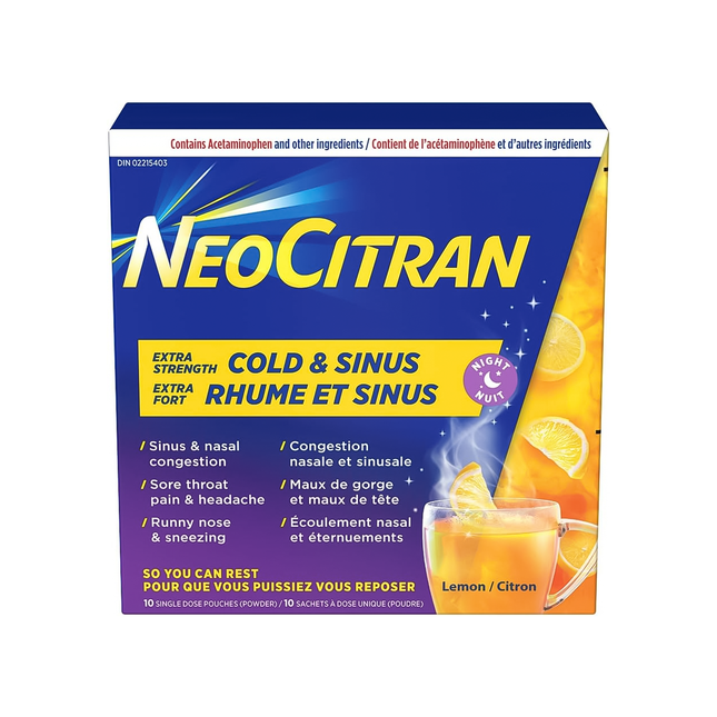 NeoCitran - Extra Strength Cold & Sinus Night, Lemon | 10 Pouches