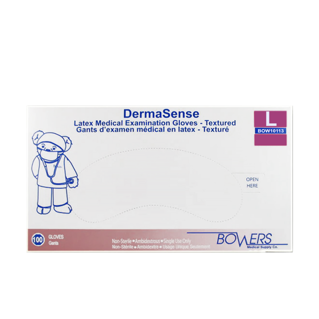 Gants d'examen médical en latex Bowers DermaSense - Grand | 100 gants