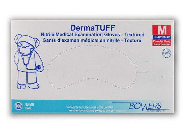 Bowers Medical Supply - DermaTUFF - Nitrile Examination Gloves Textured - Latex & Powder Free  | Size Medium 100 Gloves