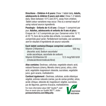 Jamieson - Chewable Vitamin C 500 mg + Vitamin D3 500 IU - Tart Morello Cherry | 75 Tablets