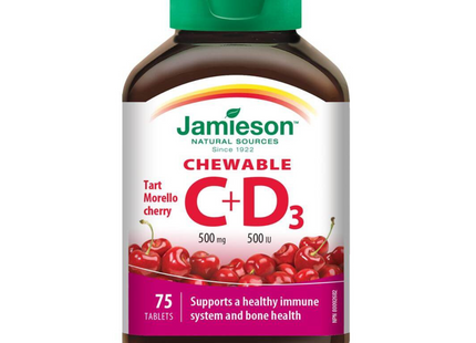 Jamieson - Chewable VItamin C 500 mg + Vitamin D3 500 IU - Tart Morello Cherry | 75 Tablets