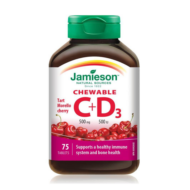 Jamieson - Chewable VItamin C 500 mg + Vitamin D3 500 IU - Tart Morello Cherry | 75 Tablets