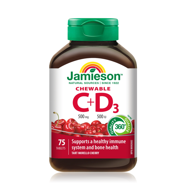 Jamieson - Vitamine C à croquer 500 mg + Vitamine D3 500 UI - Tarte aux griottes | 75 comprimés