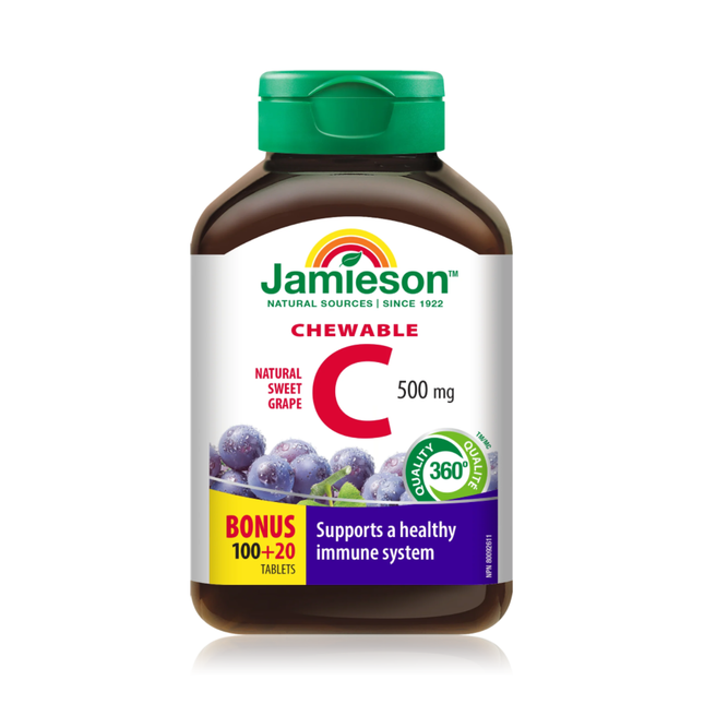 Jamieson - Vitamine C à croquer 500 mg - Raisin doux naturel | 120 comprimés