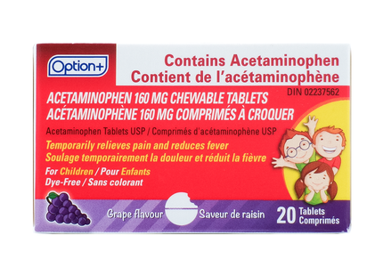 Comprimés d'acétaminophène Option+ Junior Strength - Saveur de raisin | 20 comprimés à croquer