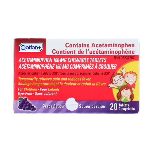 Comprimés d'acétaminophène Option+ Junior Strength - Saveur de raisin | 20 comprimés à croquer