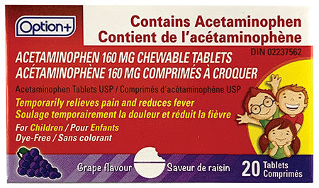 Option+ Junior Strength Acetaminophen Tablets - Grape Flavour | 20 Chewable Tablets