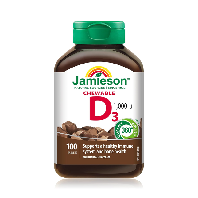Jamieson - Vitamine D3 à croquer 1000 UI - Chocolat naturel riche | 100 comprimés