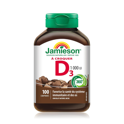 Jamieson - Vitamine D3 à croquer 1000 UI - Chocolat naturel riche | 100 comprimés